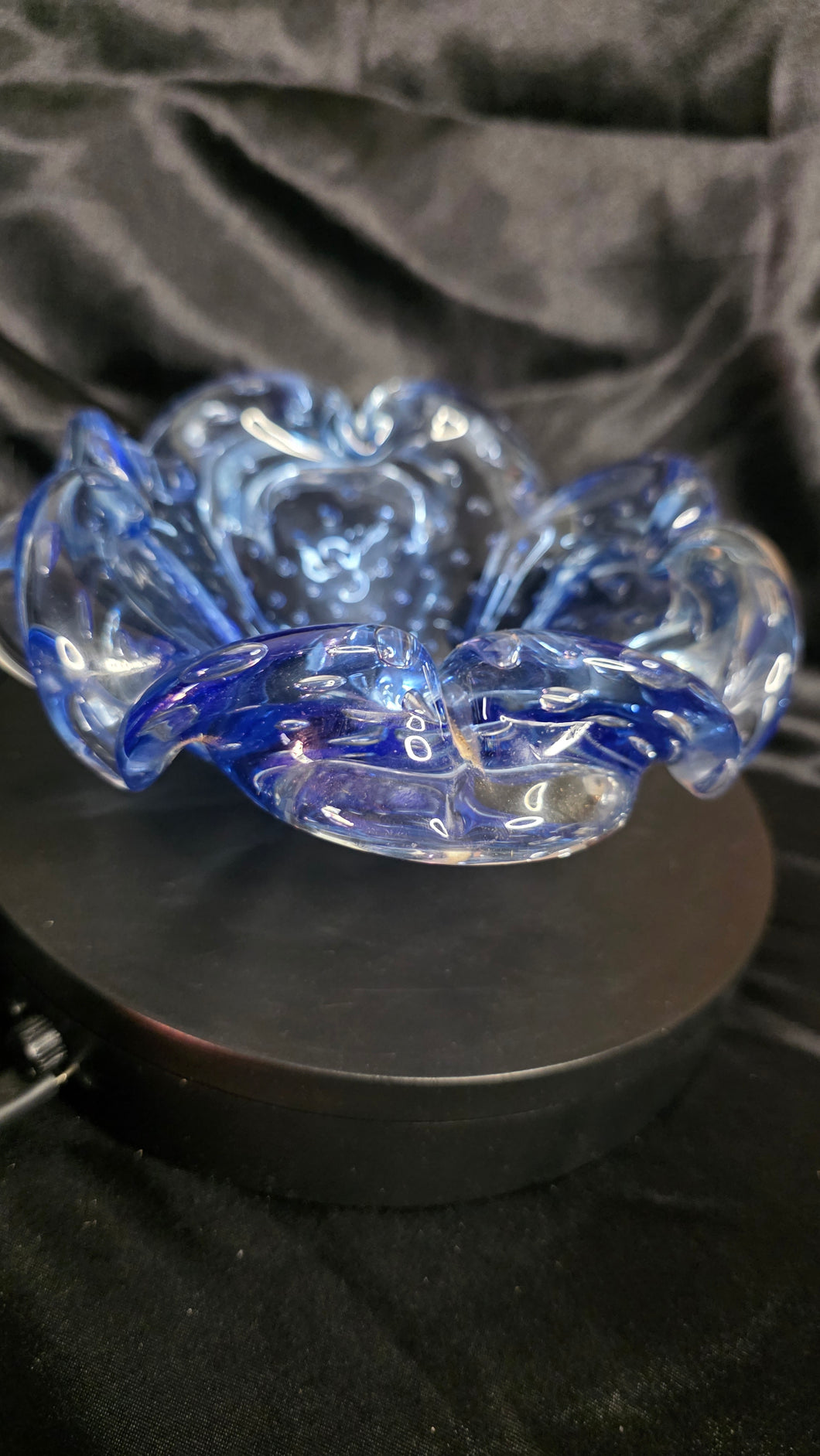 Vintage Italian Bullicante Art Glass Bowl – Mid-Century Modern, Ruffled Blue & Clear Murano-Style Design