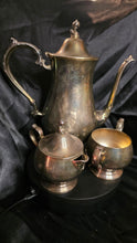 将图片加载到图库查看器，Vintage Silver-Plated Coffee &amp; Tea Service Set – Unmarked 3-Piece Collection with Ornate Handles and Timeless Patina
