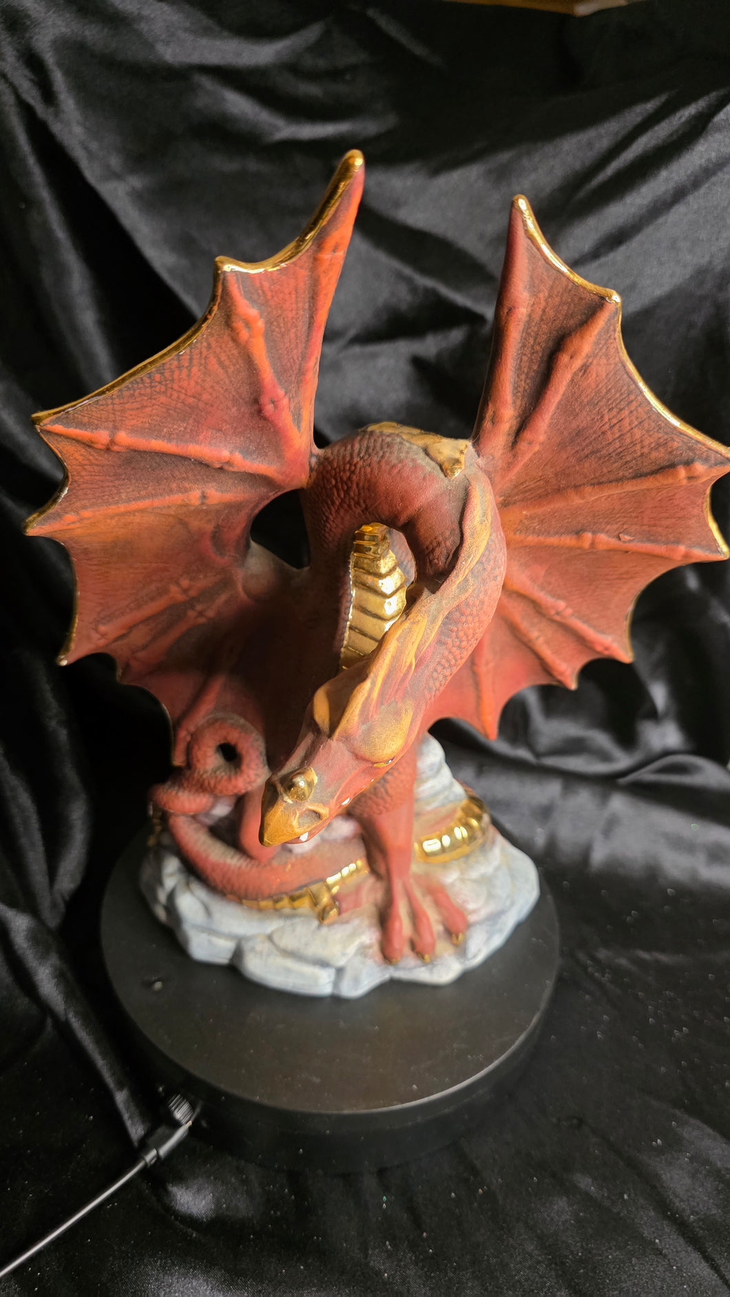 Vintage Red Dragon Resin Figurine with Gold Accents - Mythical Guardian on Rock Base
