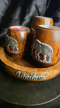 将图片加载到图库查看器，Handcrafted Thai Elephant Tea Light Holder Set with Tray | Artisanal Mango Wood &amp; Pewter Candle Decor
