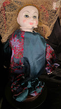 Load image into Gallery viewer, Vintage Gold Deer &amp; Co. Ltd. Porcelain Display Doll – Teal &amp; Crimson Ensemble with Golden Headdress
