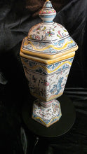 将图片加载到图库查看器，Hand-Painted Portuguese Faience Apothecary Jar for Nora Fenton — Signed “Dina” — Hexagonal Lidded Urn (14”)
