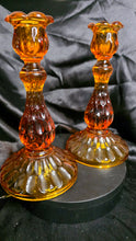 Load image into Gallery viewer, Vintage Amber Glass Candlestick Duo – Warm Honey Glow, Tulip Rim Elegance
