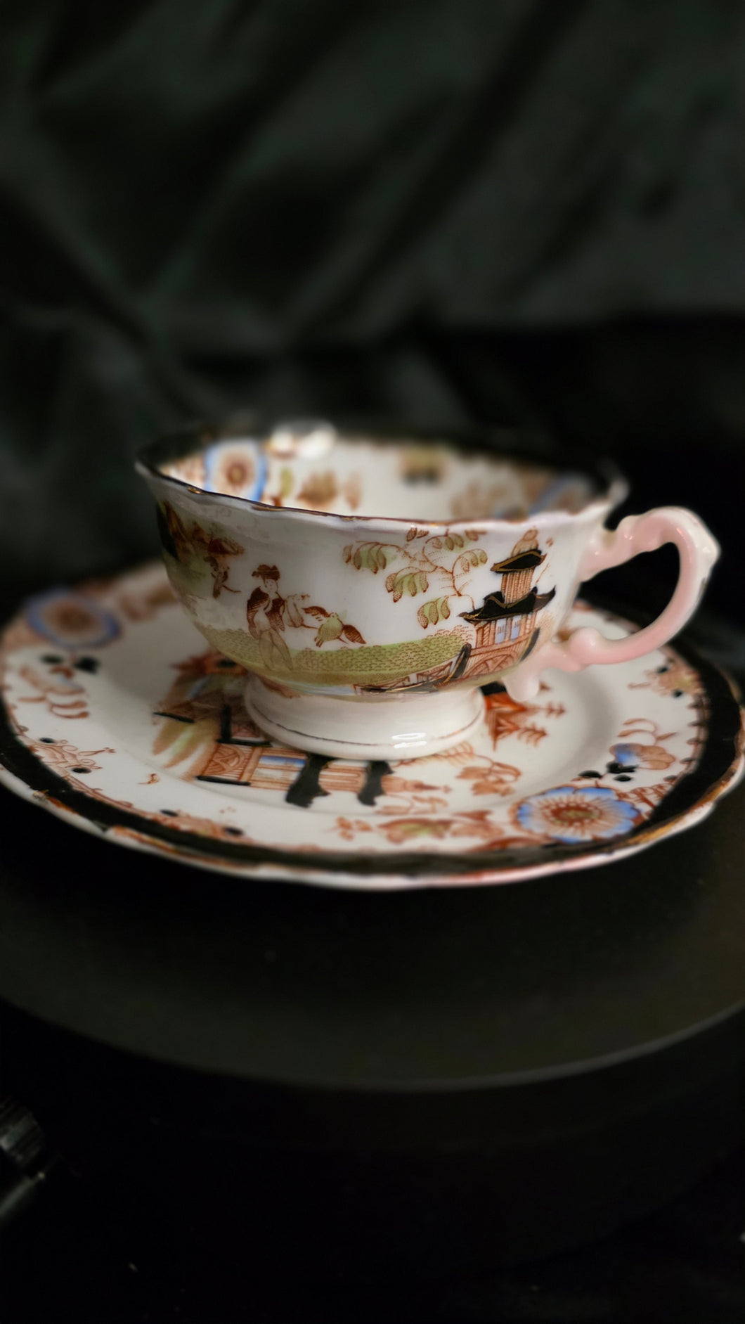 Antique Georgian Chinoiserie Teacup & Saucer — Kepple, Clare Street Bristol (Hand-Painted, Black Rim)