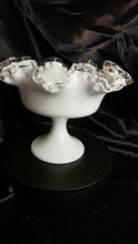 Load image into Gallery viewer, Vintage Milk Glass Ruffled Compote Bowl - Crimped Rim Pedestal Design
