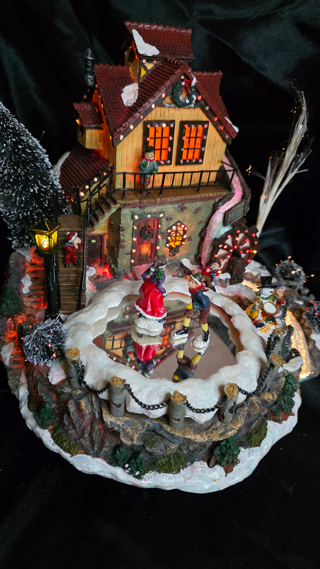 Fiber-Optic Winter Mill Scene — Animated Skaters, Waterwheel & Music