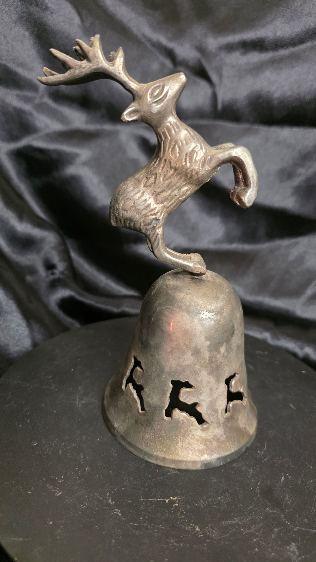 1996 International Silver Co. Hand-Made Silver-Plated Christmas Bell – Reindeer Finial & Cutout Design