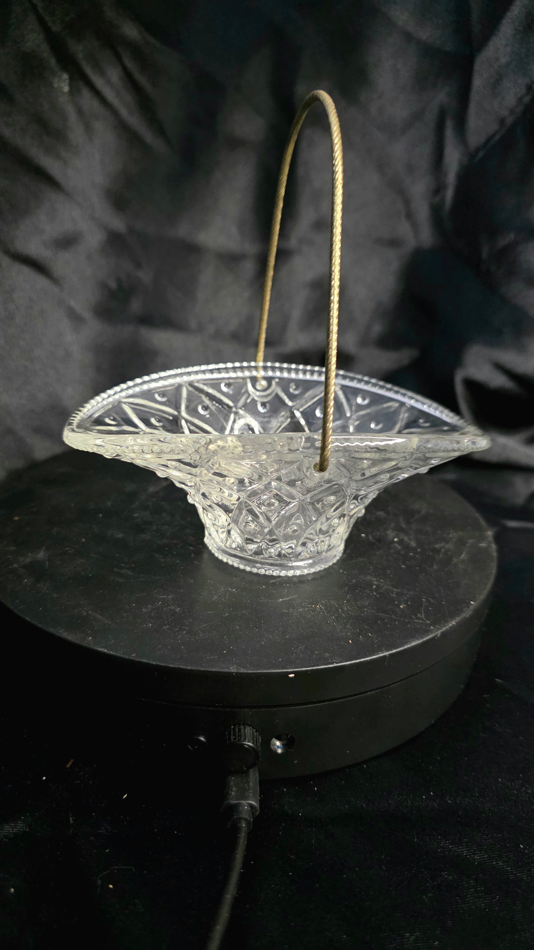 Avon Vintage Clear Pressed Glass Basket with Gold Metal Handle