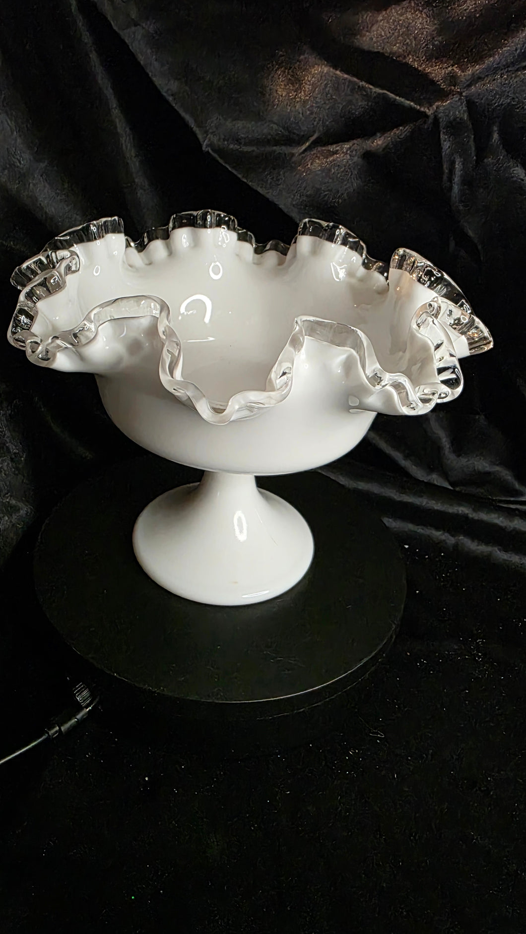 Vintage Milk Glass Ruffled Compote Bowl - Crimped Rim Pedestal Design