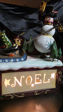 Load image into Gallery viewer, Vintage Lighted Snowman Skiing with Penguin Holiday Figurine - Illuminated &quot;NOEL&quot; Christmas Scene
