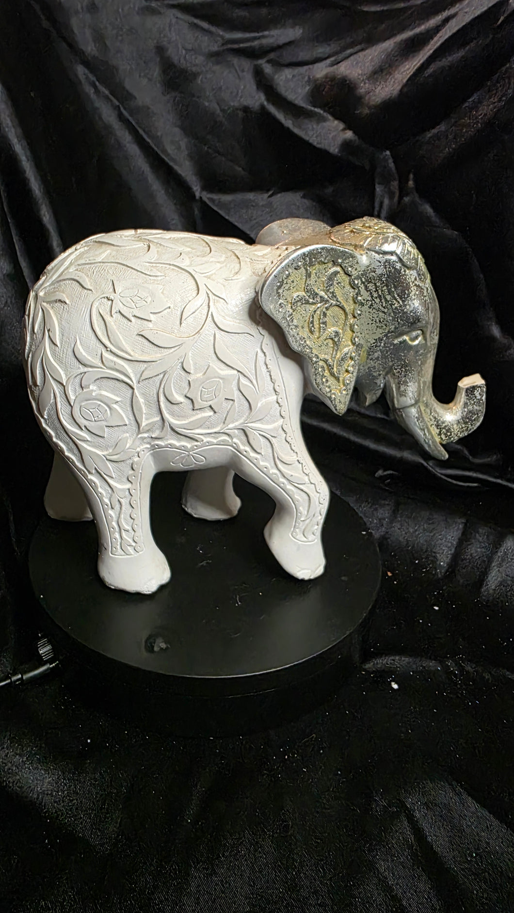 Vintage Ceramic Elephant Figurine - Floral Engraved Lucky Trunk Up Decor
