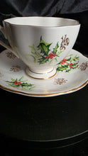 将图片加载到图库查看器，Queen Anne “Yuletide” Fine Bone China Teacup &amp; Saucer – England, 1950s Holiday Holly &amp; Bells Pattern
