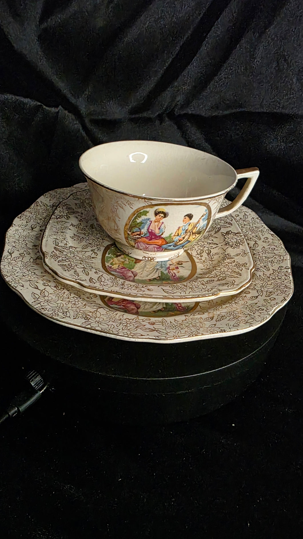 Vintage Japanese Courting Couple Tea Trio (Cup, Saucer & Plate) – Gilt Rococo “Watteau” Scene, AW Japan Mark