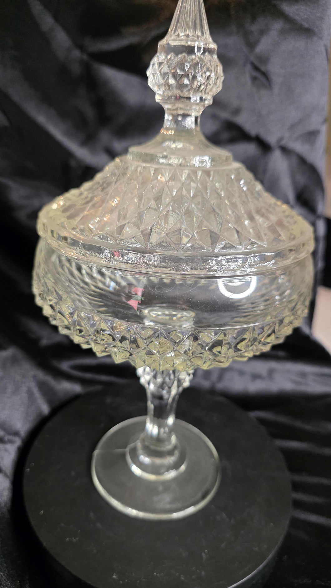 Vintage Indiana Glass Diamond Point Covered Compote – Footed Pedestal Candy Dish – Clear Pressed Glass 1960s Mid-Century Elegance