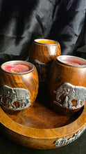 将图片加载到图库查看器，Handcrafted Thai Elephant Tea Light Holder Set with Tray | Artisanal Mango Wood &amp; Pewter Candle Decor

