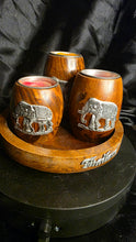 将图片加载到图库查看器，Handcrafted Thai Elephant Tea Light Holder Set with Tray | Artisanal Mango Wood &amp; Pewter Candle Decor
