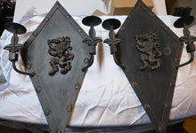 Load image into Gallery viewer, Gothic Iron Wall Sconce Pair with Heraldic Lion Crest &amp; Fleur-de-Lis Arms
