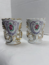 Load image into Gallery viewer, Vintage Pair of Hand-Painted Porcelain Openwork Toothpick Holders with Pink Roses &amp; Gold Gilt
