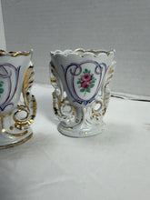 Load image into Gallery viewer, Vintage Pair of Hand-Painted Porcelain Openwork Toothpick Holders with Pink Roses &amp; Gold Gilt
