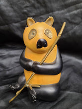 Cargar imagen en el visor de la galería, Vintage Wood Carve Panda Figurine with Brass Bamboo Stick, Brass Eyes and Ears
