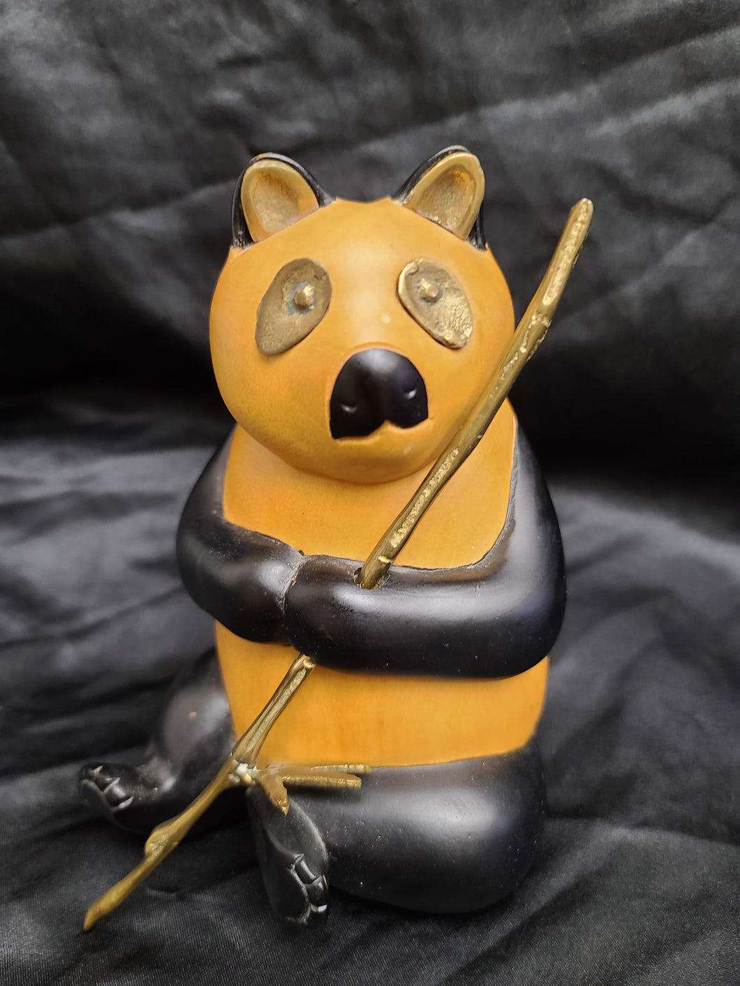 Vintage Wood Carve Panda Figurine with Brass Bamboo Stick, Brass Eyes and Ears