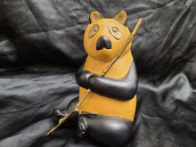 Charger l&#39;image dans la galerie, Vintage Wood Carve Panda Figurine with Brass Bamboo Stick, Brass Eyes and Ears
