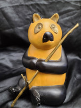 将图片加载到图库查看器，Vintage Wood Carve Panda Figurine with Brass Bamboo Stick, Brass Eyes and Ears
