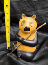 Charger l&#39;image dans la galerie, Vintage Wood Carve Panda Figurine with Brass Bamboo Stick, Brass Eyes and Ears
