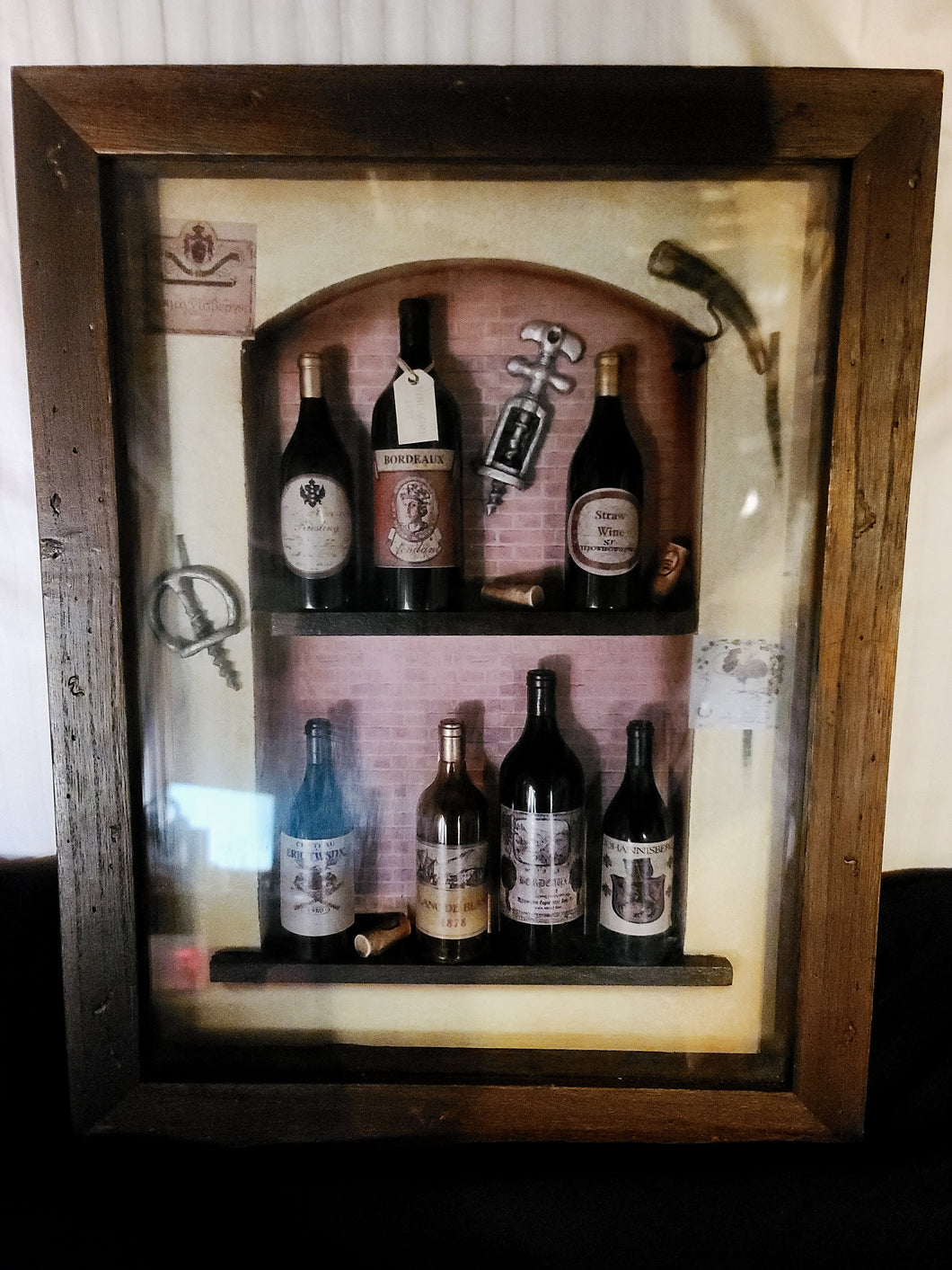 Vintage Wine Bottle Display in Shadowbox Frame 15in x 13in