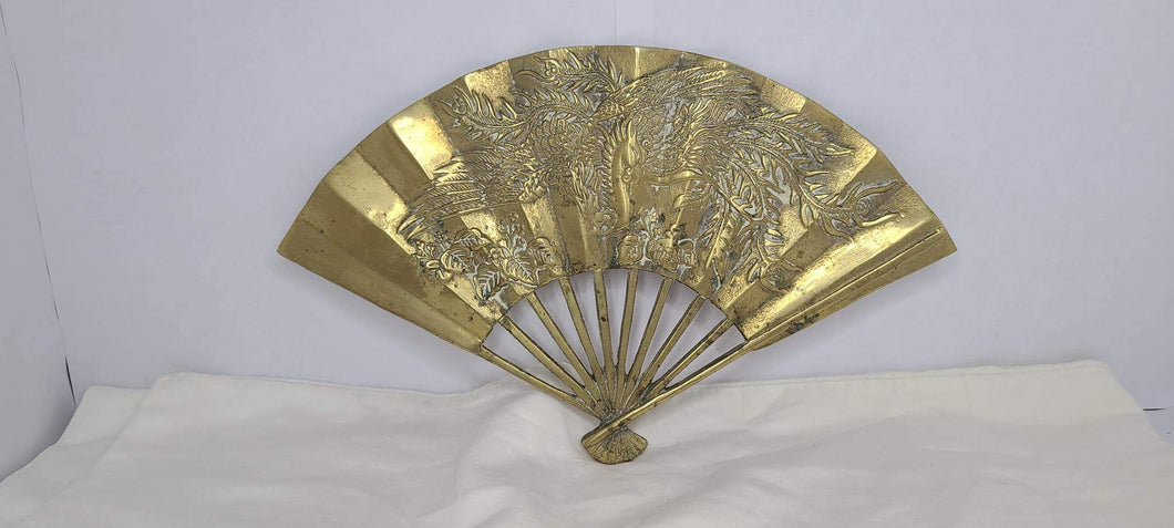Solid Brass Vintage Mid Century Etched Oriental Fan